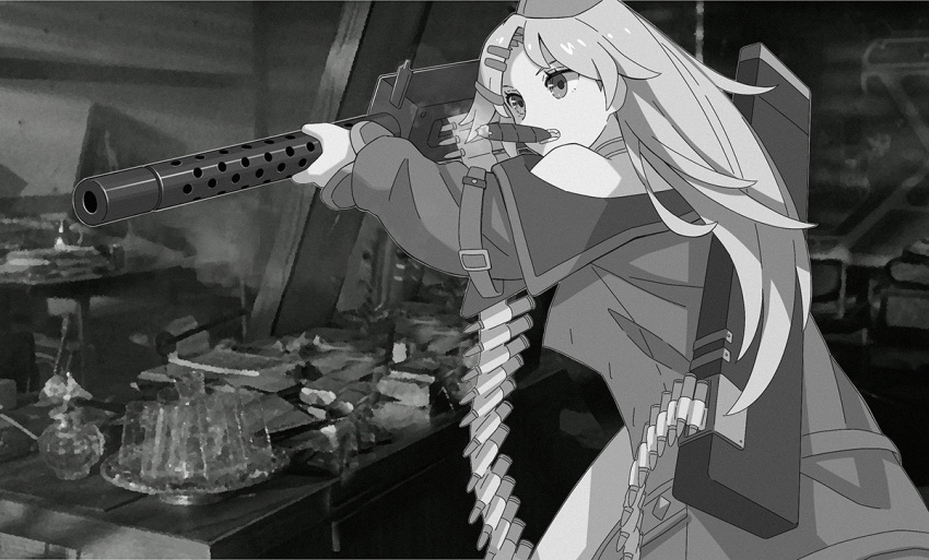 1girl ammunition_belt ammunition_box browning_m1919 cigar dr._strangelove garrison_cap girls_frontline gun hat holding holding_gun holding_weapon light_machine_gun long_hair long_sleeves m1919a4_(girls'_frontline) monochrome parody scene_reference solo tab_(tabkun) weapon