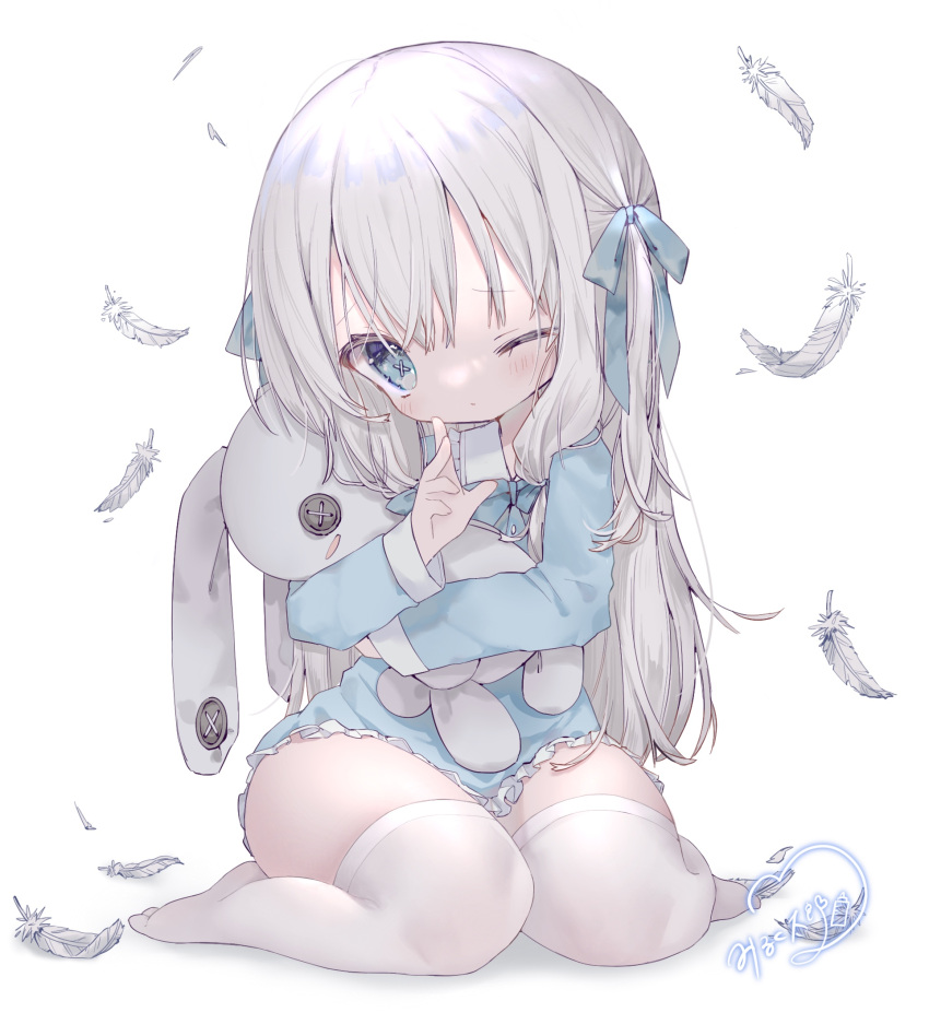 1girl blue_eyes blue_shirt commentary feathers hand_to_own_mouth highres hug long_hair mirukutarou no_pants object_hug one_eye_closed original ribbon shirt silver_hair simple_background solo stuffed_toy symbol-shaped_pupils thigh-highs thighs white_background white_legwear