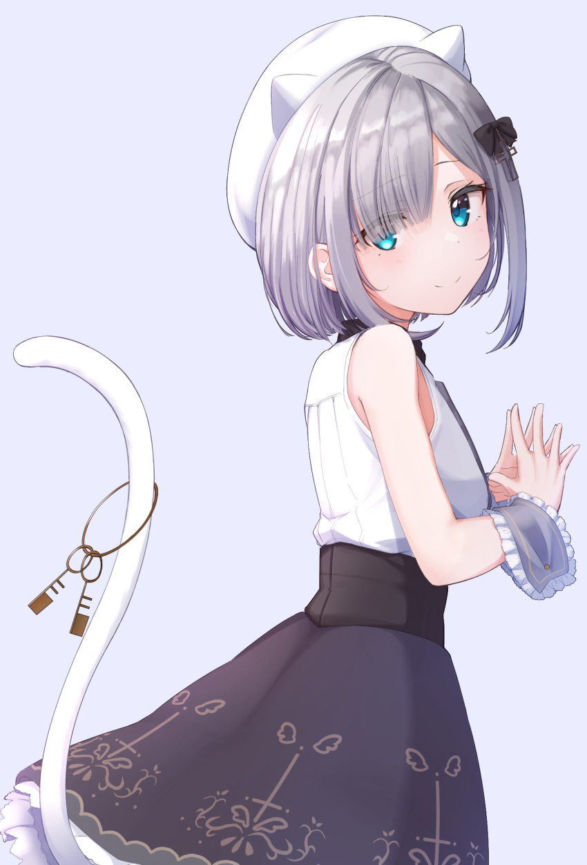 1girl animal_ears animal_hat bangs bare_shoulders basa_rutan beret black_skirt blue_eyes cat_hat cat_tail closed_mouth commentary_request eyebrows_visible_through_hair fake_animal_ears frills grey_hair hair_over_one_eye hat highres kaga_sumire key looking_at_viewer looking_to_the_side lupinus_virtual_games purple_background shirt short_hair simple_background skirt sleeveless sleeveless_shirt smile solo steepled_fingers tail tail_raised virtual_youtuber white_headwear white_shirt wrist_cuffs