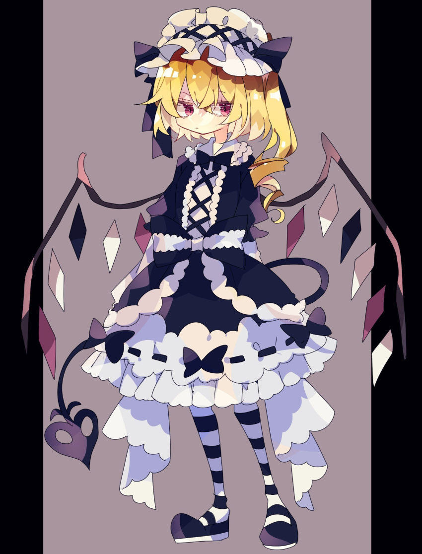 1girl alternate_color alternate_costume arms_behind_back bangs black_bow black_dress black_footwear black_legwear black_neckwear blonde_hair bow bowtie closed_mouth crystal dress flandre_scarlet frilled_dress frills full_body grey_background hairband highres laevatein_(touhou) lolita_hairband medium_hair nikorashi-ka one_side_up red_eyes ringlets shoes simple_background solo striped striped_legwear touhou white_legwear wings