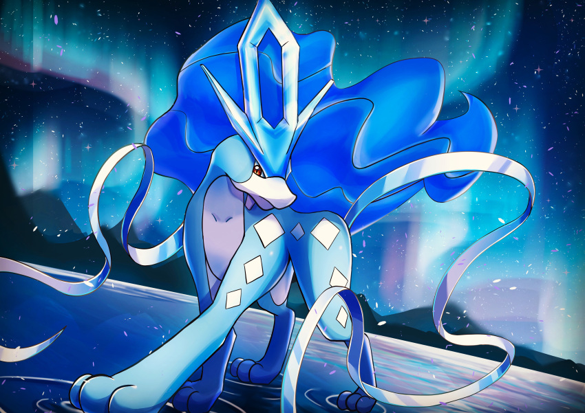 absurdres aurora blue_hair closed_mouth diamond_(symbol) full_body highres legendary_pokemon lex_suri12 looking_at_viewer mountain night night_sky no_humans pokemon red_eyes ripples sky solo solo_focus star_(sky) starry_sky suicune toes