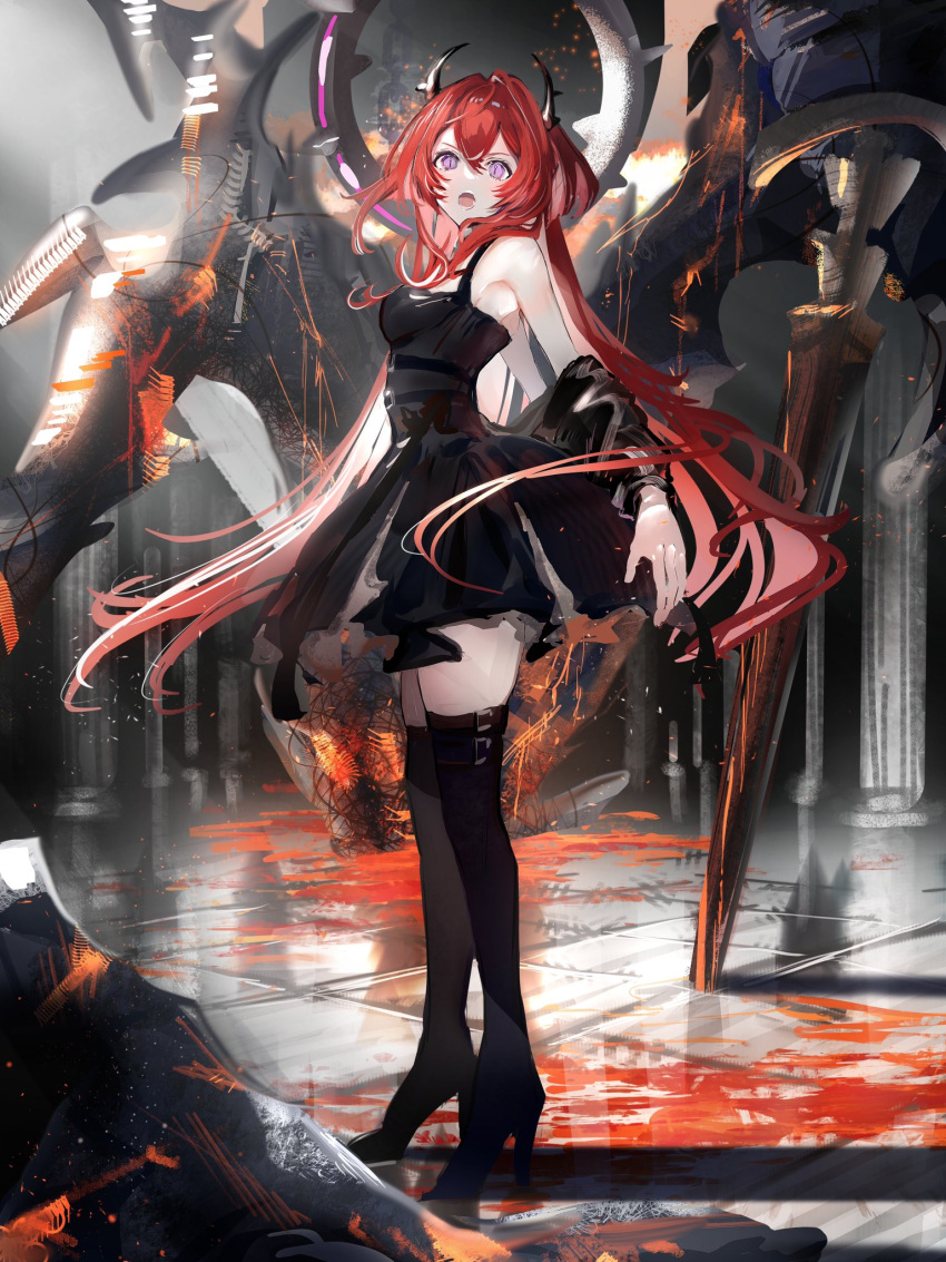 1girl arknights black_dress black_footwear blood boots breasts commentary dress elite_ii_(arknights) from_side full_body highres long_hair looking_at_viewer looking_to_the_side medium_breasts nanaponi open_mouth planted redhead shadow sleeveless sleeveless_dress solo standing surtr_(arknights) thigh-highs thigh_boots very_long_hair violet_eyes zettai_ryouiki