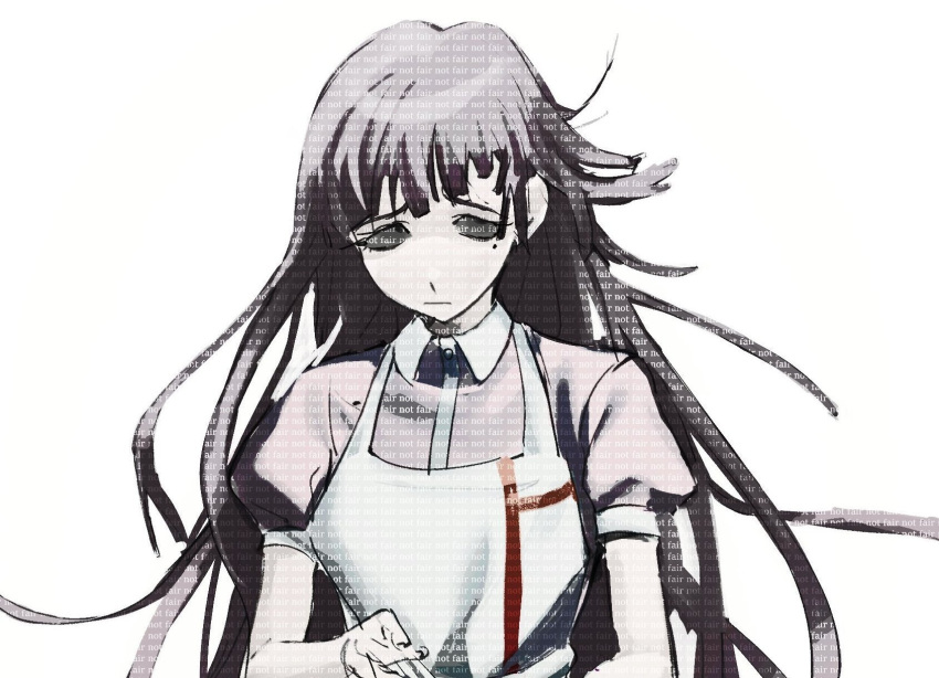 1girl apron bangs closed_mouth danganronpa_(series) danganronpa_2:_goodbye_despair english_text facing_viewer flat_color highres kyandii limited_palette long_hair messy_hair mole mole_under_eye puffy_short_sleeves puffy_sleeves short_sleeves simple_background sketch solo tsumiki_mikan upper_body white_background