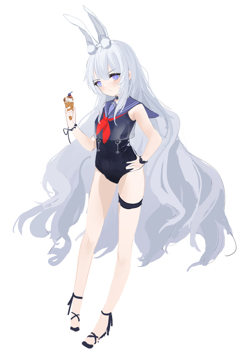 +_+ 1girl absurdres alternate_costume animal_ears azur_lane black_footwear blue_eyes blush boujitsu chinese_commentary closed_mouth commentary_request fake_animal_ears food full_body head_tilt high_heels highres ice_cream ice_cream_cone le_malin_(azur_lane) long_hair looking_at_viewer neckerchief rabbit_ears red_neckwear sailor_collar school_swimsuit see-through silver_hair simple_background sketch solo swimsuit thigh_strap very_long_hair wavy_hair white_background
