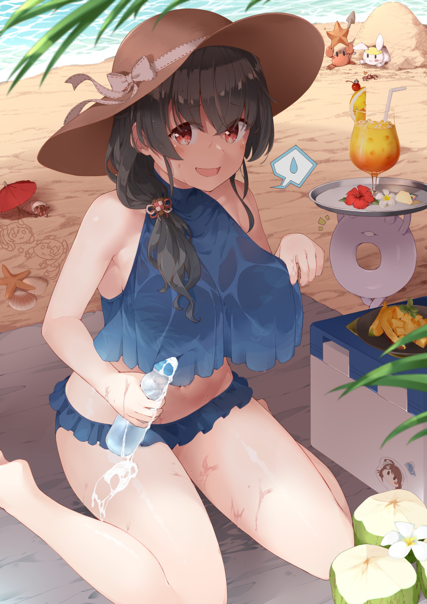 1girl 3others ? ^^^ absurdres abyssal_ship animal bare_arms bare_legs bare_shoulders barefoot beach bikini black_hair blue_bikini blush bottle breasts brown_headwear chougei_(kancolle) clam_shell coconut crab cup drink drinking_glass drinking_straw enemy_lifebuoy_(kancolle) eyebrows_visible_through_hair flower food fruit hair_between_eyes hat hermit_crab hibiscus highres holding holding_bottle holding_tray i-203_(kancolle) i-47_(kancolle) jingei_(kancolle) kantai_collection large_breasts long_hair looking_at_viewer multiple_others navel ocean open_mouth parasol rabbit ramune red_eyes red_flower sand sand_sculpture sitting smile sparkle spoken_sweatdrop starfish sweatdrop swimsuit tray trowel umbrella wariza wet white_flower yui_(seiga)