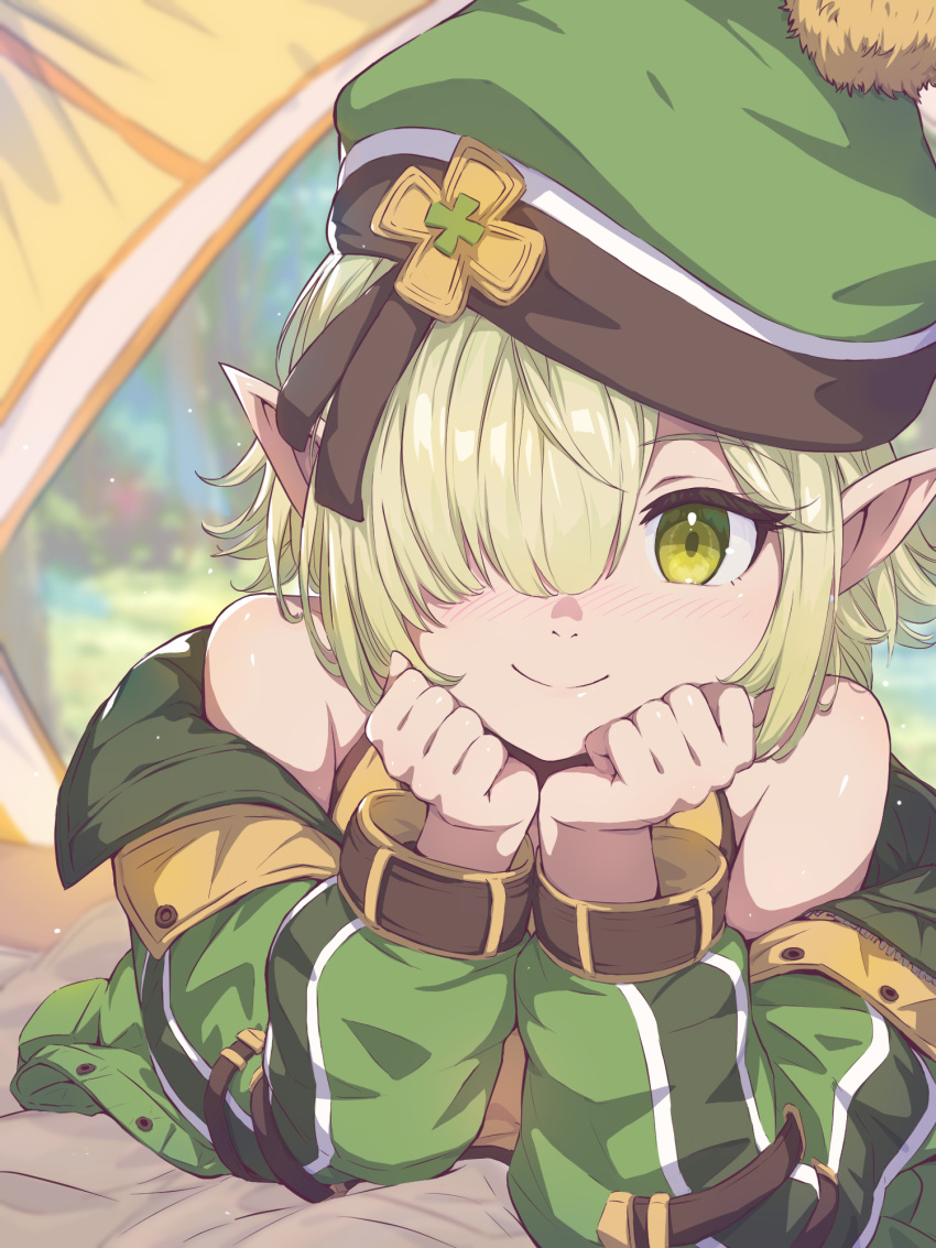 1girl aoi_(camp)_(princess_connect!) aoi_(princess_connect!) bare_shoulders beanie blush clover_ornament elf green_eyes green_headwear green_jacket hair_over_one_eye hat head_rest highres jacket light_green_hair looking_at_viewer lying off_shoulder official_alternate_costume on_stomach open_clothes open_jacket orange_tank_top outdoors pointy_ears princess_connect! short_hair smile solo tank_top tent upper_body yako_noir_(kei-ne)