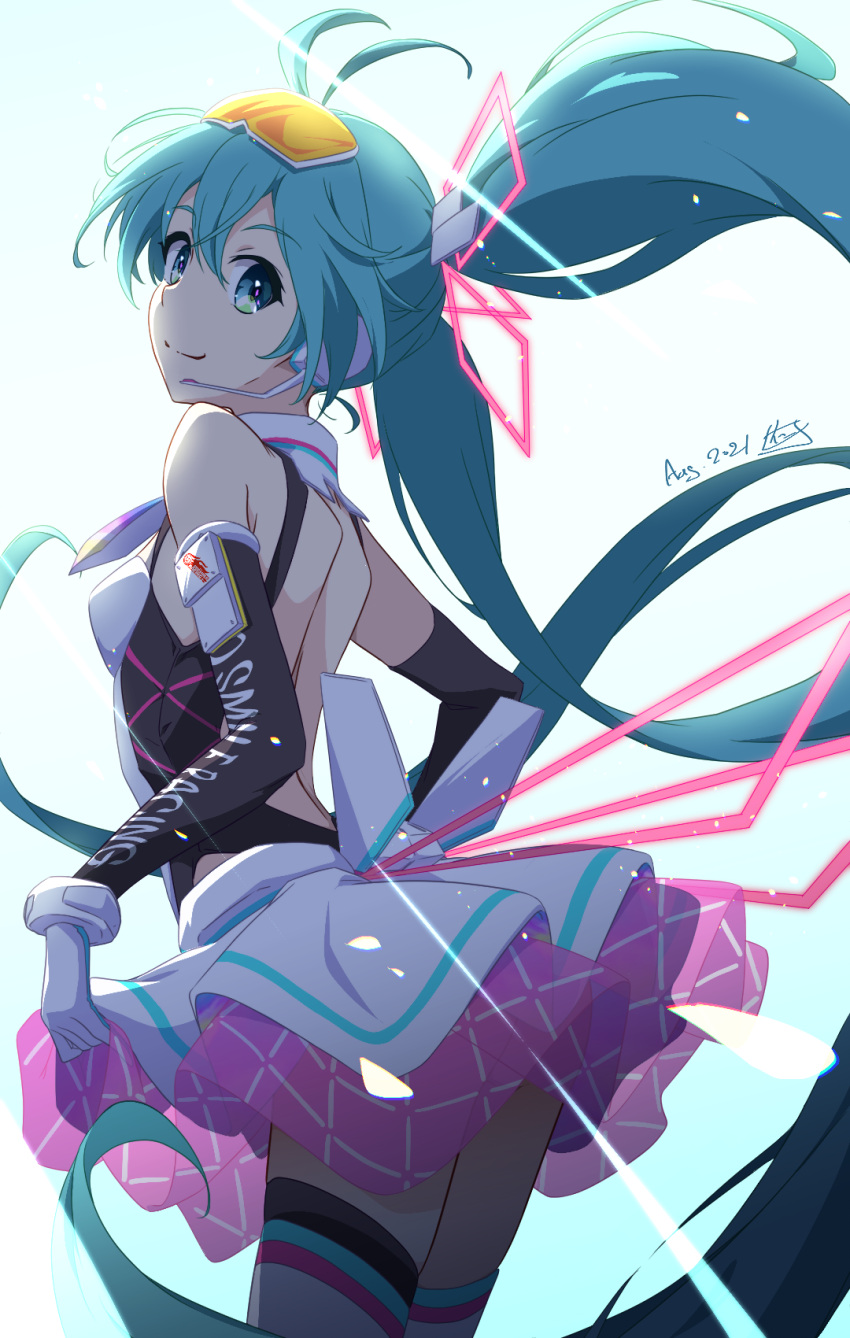 bangs black_sleeves blue_eyes blue_hair closed_mouth commentary detached_sleeves eyebrows_visible_through_hair floating_hair gloves hair_between_eyes hatsune_miku headset highres layered_skirt long_hair long_sleeves microphone miniskirt nii_manabu pink_skirt racing_miku racing_miku_(2021) skirt smile thigh-highs twintails very_long_hair vocaloid white_background white_gloves white_legwear white_skirt