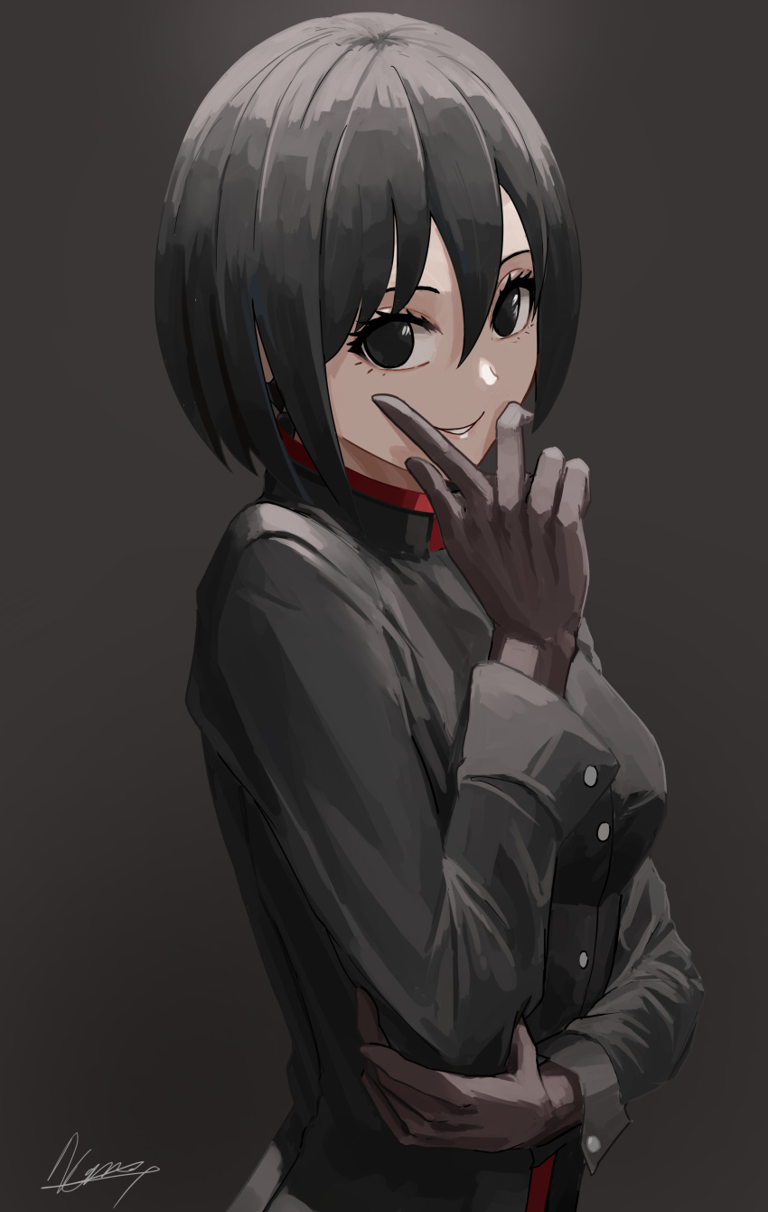 1girl absurdres androgynous artist_name bangs black_background black_eyes black_gloves black_hair black_jacket bob_cut breasts commentary eyelashes gakuran gloves hair_between_eyes hand_on_own_arm hand_on_own_face highres index_finger_raised jacket lips long_sleeves looking_at_viewer monogatari_(series) naoetsu_high_school_uniform nemo_ringo oshino_ougi parted_lips red_jacket romaji_commentary school_uniform short_hair signature simple_background small_breasts smile solo upper_body