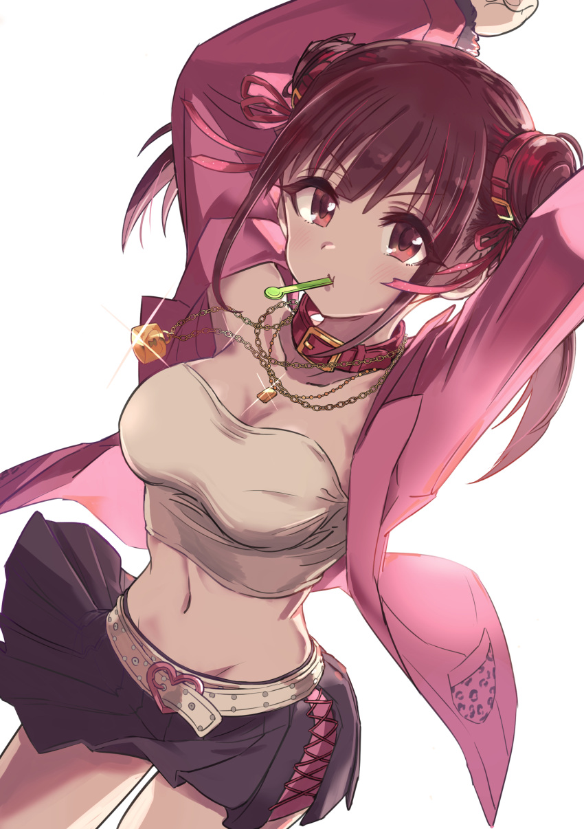 1girl absurdres animal_collar arms_up bangs belt black_skirt breasts brown_eyes brown_hair closed_mouth collar cowboy_shot double_bun dutch_angle eyebrows_visible_through_hair hair_ribbon heart highres idolmaster idolmaster_shiny_colors jacket jewelry large_breasts long_sleeves looking_at_viewer midriff miniskirt mouth_hold navel necklace open_clothes open_jacket pink_jacket pink_ribbon pizzasi pleated_skirt red_collar ribbon shirt short_hair simple_background skirt solo sonoda_chiyoko sparkle standing strapless tube_top white_background white_belt white_shirt