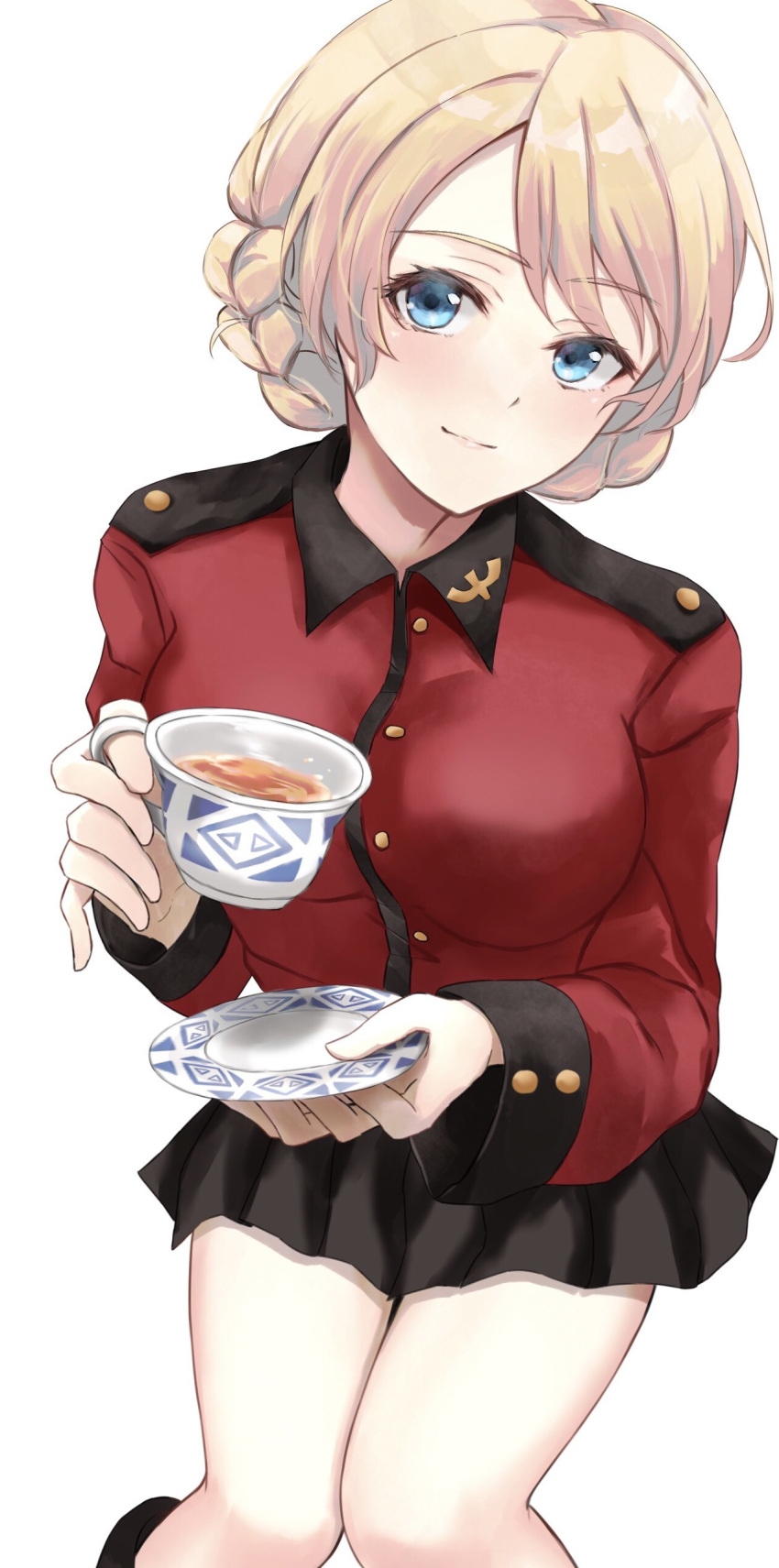 1girl absurdres bare_legs black_skirt blonde_hair blue_eyes braid breasts closed_mouth cowboy_shot cup darjeeling_(girls_und_panzer) french_braid girls_und_panzer highres holding holding_cup jacket ka1se1 large_breasts light_smile long_sleeves looking_at_viewer miniskirt pleated_skirt red_jacket short_hair simple_background skirt solo st._gloriana's_military_uniform teacup white_background