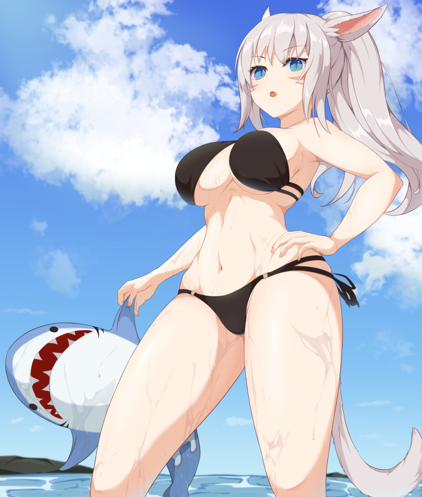 1girl 2849 animal_ears armpits bangs bikini black_hair blue_eyes blue_sky breasts commentary_request day eyebrows_visible_through_hair final_fantasy final_fantasy_xiv hand_on_hip highres holding inflatable_shark inflatable_toy large_breasts long_hair miqo'te navel o-ring o-ring_bikini open_mouth outdoors ponytail silver_hair sky standing swimsuit tail under_boob wet