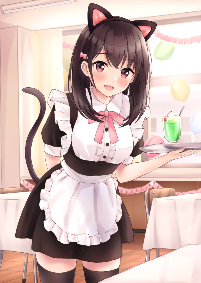 1girl :d animal_ears apron balloon bangs black_dress blush bow brown_hair cat_ears cat_tail classroom cup desk dress frilled_dress frills hair_bow hand_up highres holding holding_tray indoors looking_at_viewer maid maid_apron medium_hair neck_ribbon open_mouth original pink_bow pink_neckwear pink_ribbon ribbon smile solo standing tail tray violet_eyes white_apron window yukimaru217