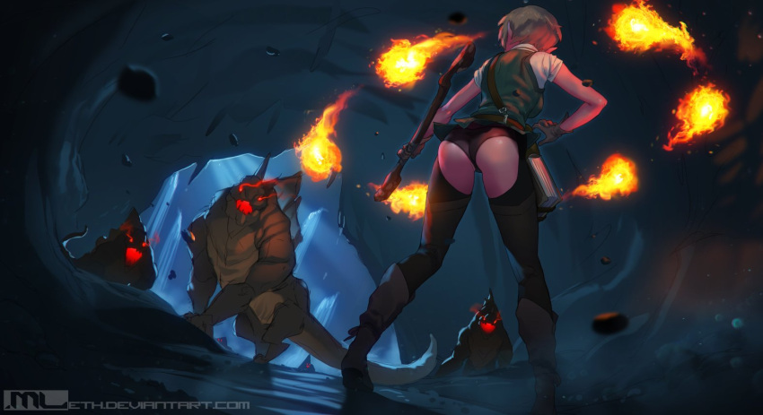 1girl ass blonde_hair book boots breasts cave chaps deviantart_username fireball from_behind glowing glowing_eyes glowing_mouth knee_boots mage_staff mathias_leth medium_breasts monster original short_hair solo watermark web_address