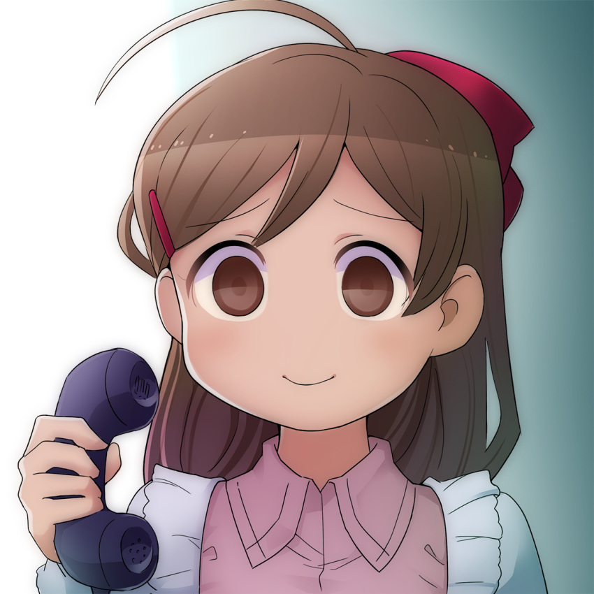 1girl ahoge bangs bow brown_eyes brown_hair closed_mouth commentary commentary_request empty_eyes eyebrows_visible_through_hair hair_bow hair_ornament hairclip highres holding holding_phone kantai_collection kappougi long_hair long_sleeves mamiya_(kancolle) mizuki_kyou phone portrait red_bow simple_background solo