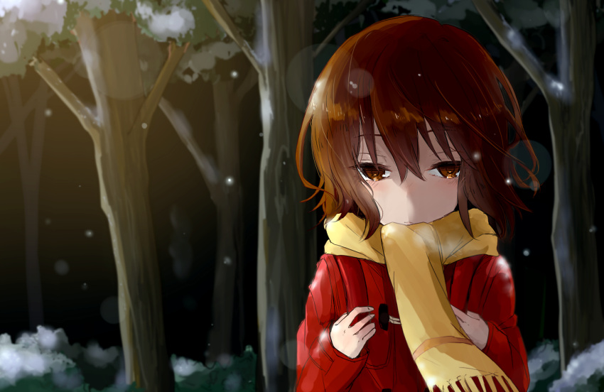 1girl adjusting_strap akebisousaku backpack bag bangs boku_dake_ga_inai_machi breath brown_eyes brown_hair closed_mouth coat commentary forest hair_strand hinazuki_kayo long_sleeves looking_at_viewer narrowed_eyes nature outdoors randoseru red_coat scarf short_hair snow snowing solo toggles tree unhappy upper_body wind yellow_neckwear yellow_scarf