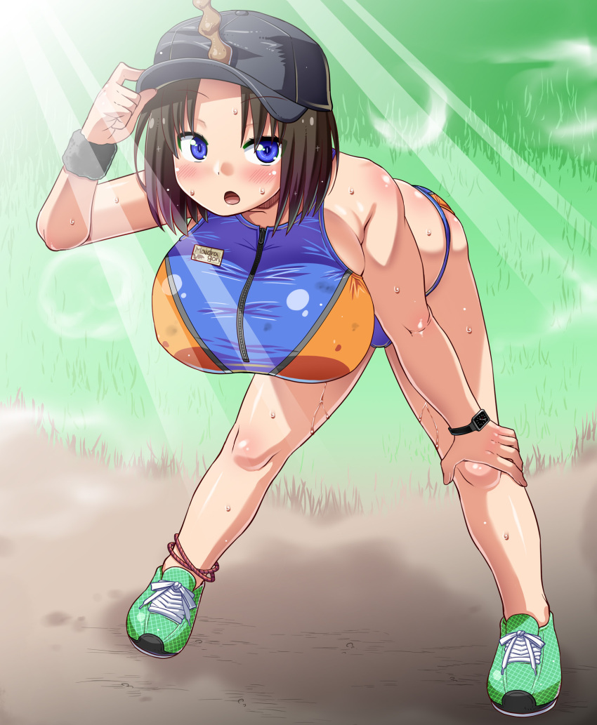 1girl :o anklet bangs bare_legs bare_shoulders bent_over black_headwear blue_eyes breasts brown_hair buruma copyright_name crop_top day dragon_girl dragon_horns elma_(maidragon) grass green_footwear hand_on_own_knee hat highres holding holding_clothes holding_hat horns jewelry kobayashi-san_chi_no_maidragon large_breasts looking_at_viewer shiny shiny_hair shiny_skin shoes short_hair sideboob skindentation sneakers solar_flare solo sports_bra sportswear spread_legs standing sweat track_uniform utamaro watch zipper