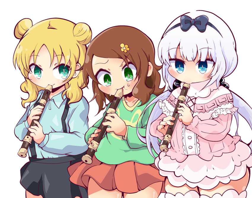 3girls absurdres bangs beads black_bow black_hairband black_skirt blonde_hair blue_eyes blue_shirt blush bow bow_hairband brown_hair capelet child chloe_(maidragon) closed_mouth collarbone collared_shirt commentary_request double_bun dress eyebrows_visible_through_hair flower frilled_capelet frills green_eyes green_shirt hair_beads hair_bow hair_flower hair_ornament hairband highres holding holding_instrument instrument kanna_kamui kobayashi-san_chi_no_maidragon light_purple_hair long_hair long_sleeves looking_at_viewer looking_down low_twintails medium_hair multiple_girls music pink_dress playing_instrument pleated_skirt print_shirt recorder red_skirt saikawa_riko shinsou_komachi shirt shirt_tucked_in short_dress side-by-side simple_background skirt smile standing suspender_skirt suspenders sweat thigh-highs twintails white_background white_legwear yellow_flower