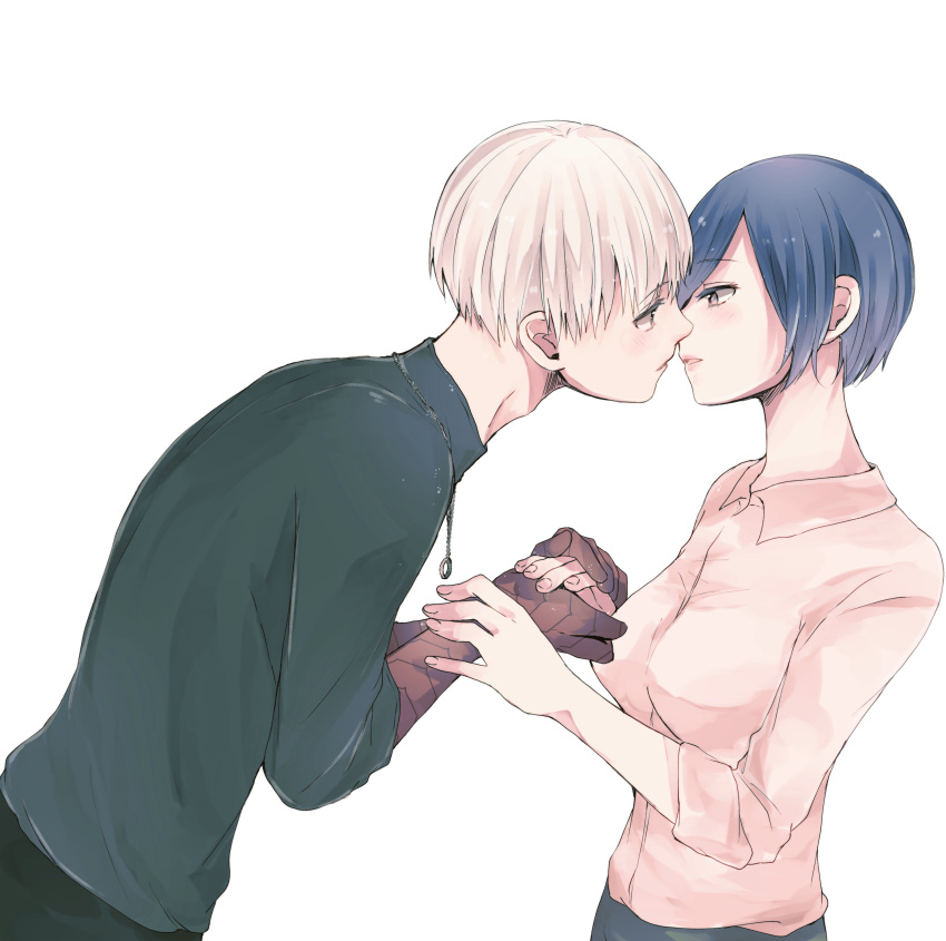 1boy 1girl absurdres bangs black_shirt blue_hair blush breasts collared_shirt colored_skin couple eyebrows_visible_through_hair from_side hetero highres holding_hands imminent_kiss jewelry kaneki_ken kirishima_touka large_breasts leaning_forward long_sleeves looking_at_another necklace parted_lips profile red_skin ring shiny shiny_hair shirt short_hair simple_background sleeves_past_elbows tokyo_ghoul tokyo_ghoul:re toukaairab upper_body white_background white_hair
