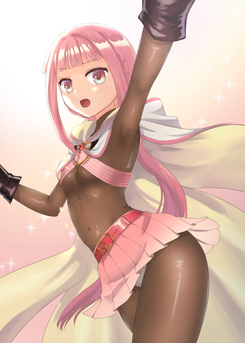 1girl absurdres arm_up armpits bangs belt black_gloves black_legwear blunt_bangs bodystocking breasts cloak gloves highres hood kakukau long_hair magia_record:_mahou_shoujo_madoka_magica_gaiden magical_girl mahou_shoujo_madoka_magica miniskirt navel open_mouth outstretched_arm panties pantyhose pink_background pink_eyes pink_hair pink_skirt ponytail simple_background skirt small_breasts solo tamaki_iroha thighs underwear white_cloak white_panties