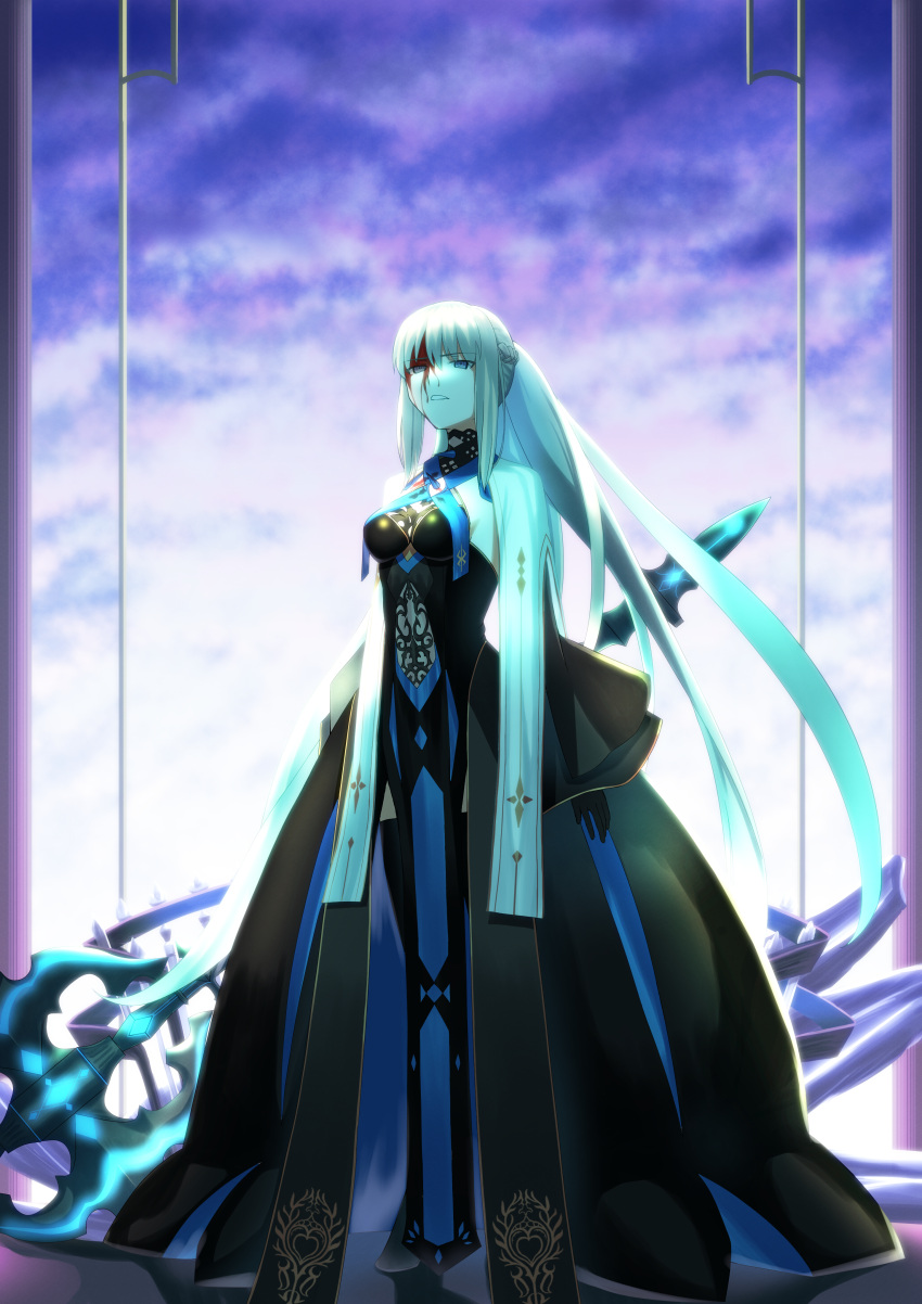 1girl absurdres bangs black_dress bleeding blood blood_on_face blue_eyes braid breasts clothing_cutout daiz1213 dress eyebrows_visible_through_hair fate/grand_order fate_(series) full_body highres holding holding_staff holding_weapon huge_filesize long_hair medium_breasts morgan_le_fay_(fate) navel_cutout open_mouth ponytail silver_hair solo staff thigh-highs weapon wide_sleeves