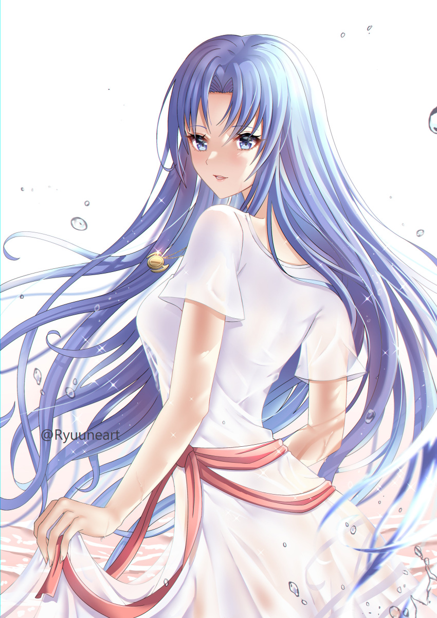 1girl absurdres ancient_ys_vanished bangs blue_eyes blue_hair dress feena_(ys) floating_hair from_side hair_between_eyes hair_intakes highres long_hair open_mouth ryuuneart see-through_silhouette short_sleeves simple_background skirt_hold solo standing sundress twitter_username very_long_hair white_background white_dress ys