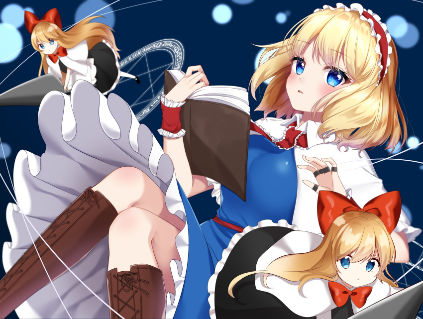 1girl alice_margatroid apron arms_up bangs blonde_hair blue_background blue_dress blue_eyes blush book boots bow capelet cross-laced_footwear dress eyebrows_visible_through_hair feet_out_of_frame floating frilled_ribbon frills hair_bow hairband highres holding holding_book jewelry knee_boots knees_together_feet_apart lance leaning_back light_particles light_trail lolita_hairband long_hair looking_at_viewer magic_circle open_book open_mouth parted_lips petticoat polearm puppet_rings red_neckwear red_ribbon revision ribbon ring runes sash shanghai_doll shiki_(s1k1xxx) short_hair solo touhou upper_teeth waist_apron weapon white_capelet wrist_cuffs