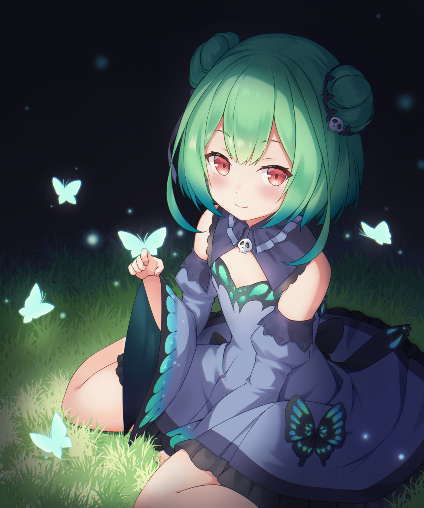 1girl absurdres blue_dress blue_sleeves blush bug butterfly butterfly_on_finger closed_mouth detached_collar detached_sleeves double_bun dress feet_out_of_frame green_hair hair_ornament highres hololive looking_at_viewer red_eyes short_hair sitting skull_hair_ornament smile solo tousaki_(tousakiworks) uruha_rushia virtual_youtuber wariza