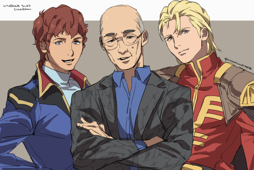 3boys amuro_ray bangs blonde_hair blue_eyes blue_jacket blue_shirt brown_hair char's_counterattack char_aznable collared_shirt copyright_name crossed_arms glasses gundam highres jacket male_focus military military_uniform mole multiple_boys old old_man open_mouth real_life red_jacket ryukusou shirt smile tomino_yoshiyuki uniform zeon