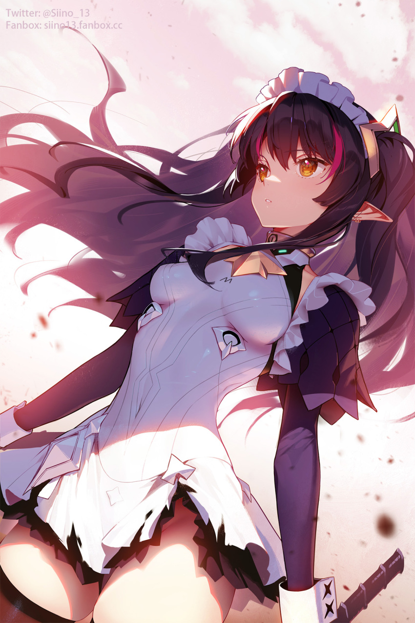 black_hair breasts brown_eyes commentary_request covered_navel dress earrings elbow_gloves fanbox_username floating_hair gloves hair_ornament highres jewelry long_hair maid maid_headdress medium_breasts multicolored_hair original parted_lips pointy_ears purple_gloves siino skin_tight skindentation sleeveless sleeveless_dress solo streaked_hair thigh-highs thighs twitter_username white_dress wrist_cuffs