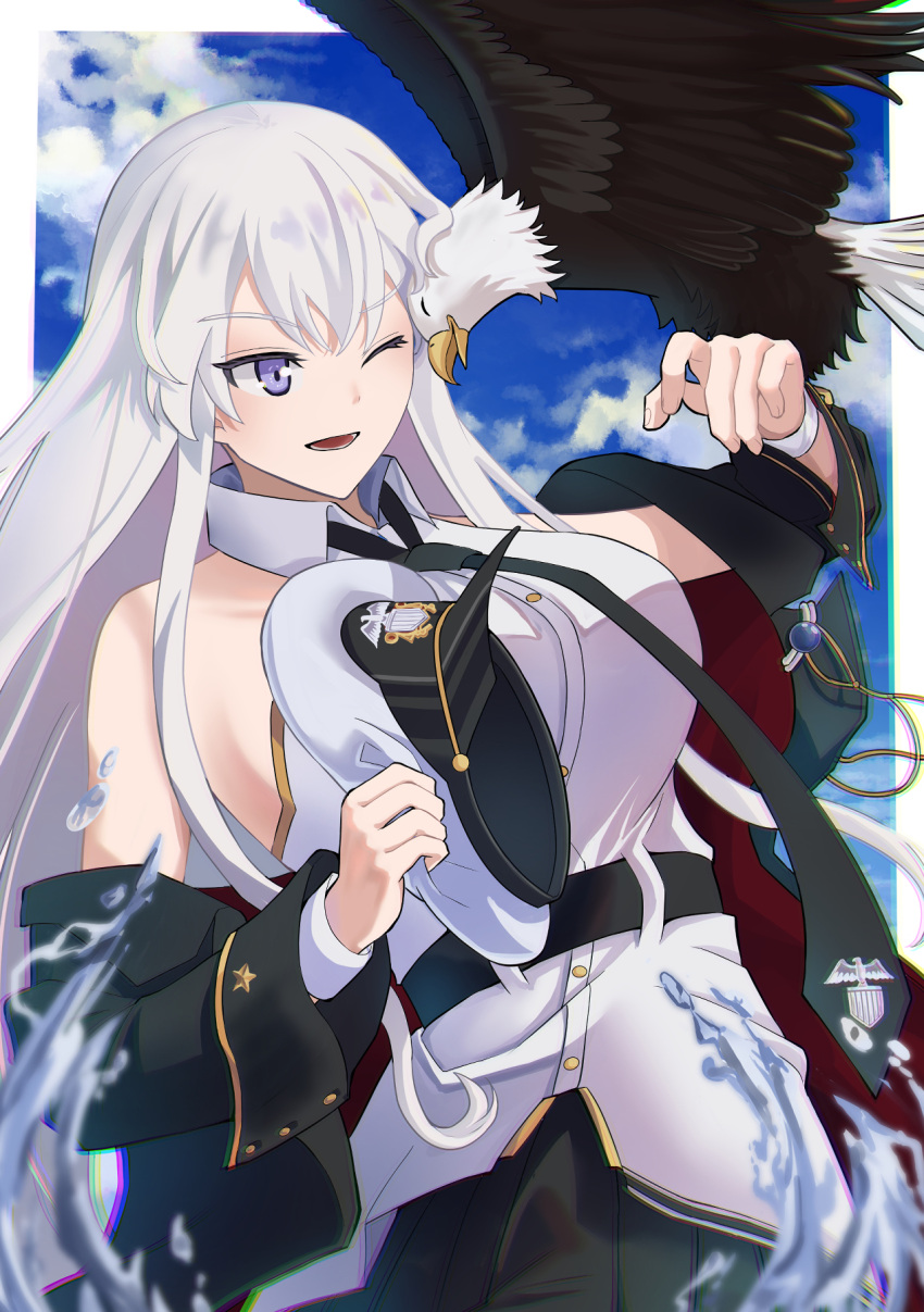 azur_lane bald_eagle belt bird black_belt black_coat black_neckwear black_skirt breasts coat eagle enterprise_(azur_lane) hat hat_removed headwear_removed highres large_breasts long_hair military_hat miniskirt necktie one_eye_closed open_clothes open_coat peaked_cap pleated_skirt shirt silver_hair skirt sleeveless sleeveless_shirt tohko underbust very_long_hair violet_eyes white_headwear white_shirt