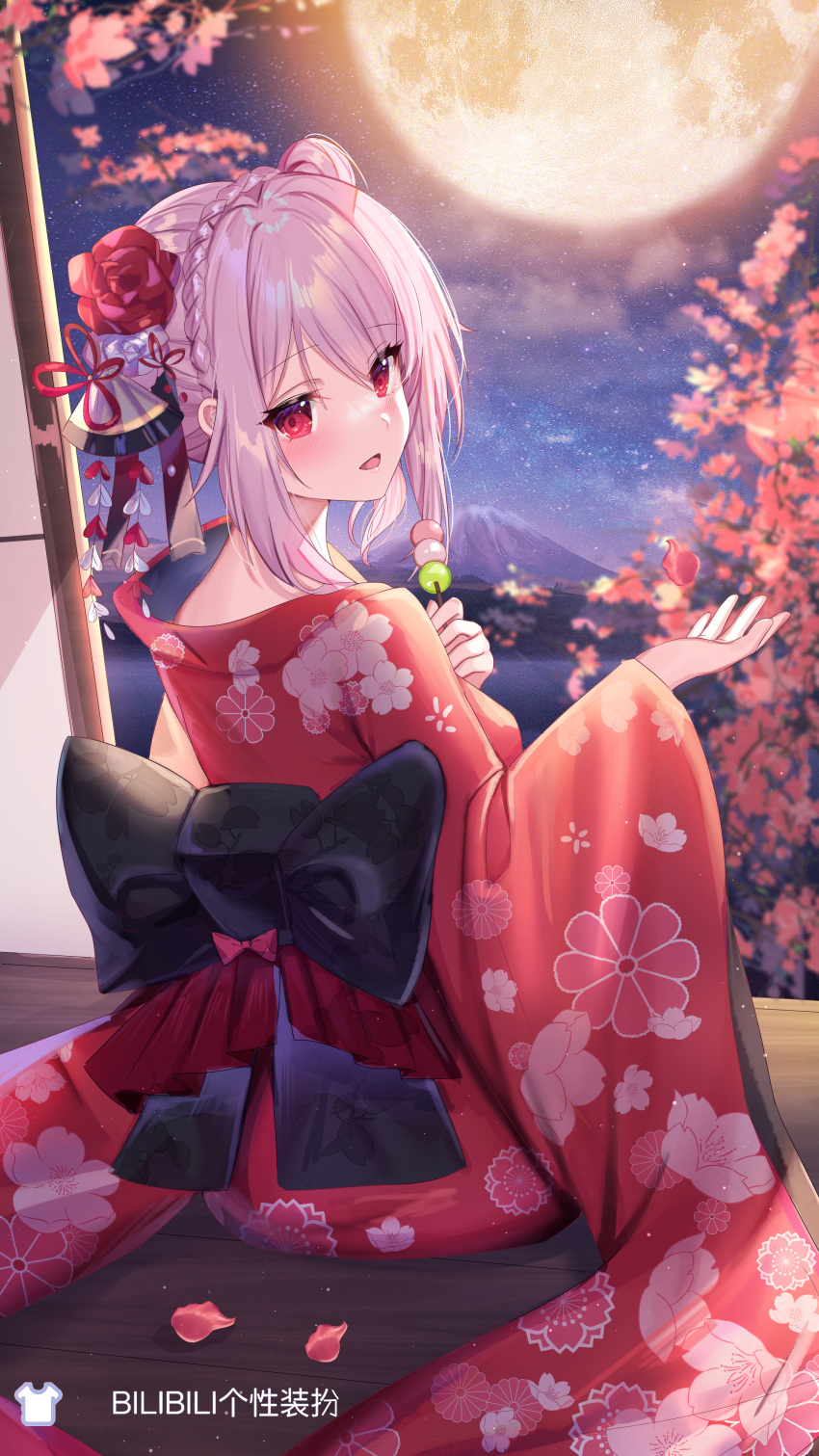 1girl :d absurdres back_bow bangs black_bow bow braid character_request commentary_request crown_braid dango eyebrows_visible_through_hair floral_print flower food full_moon hair_between_eyes hair_bun hair_flower hair_ornament highres holding holding_food japanese_clothes kimono long_sleeves looking_at_viewer looking_back moon mountain night night_sky open_mouth overidea print_kimono red_eyes red_flower red_kimono sanshoku_dango shanguier side_bun sky smile solo star_(sky) starry_sky wagashi white_flower wide_sleeves