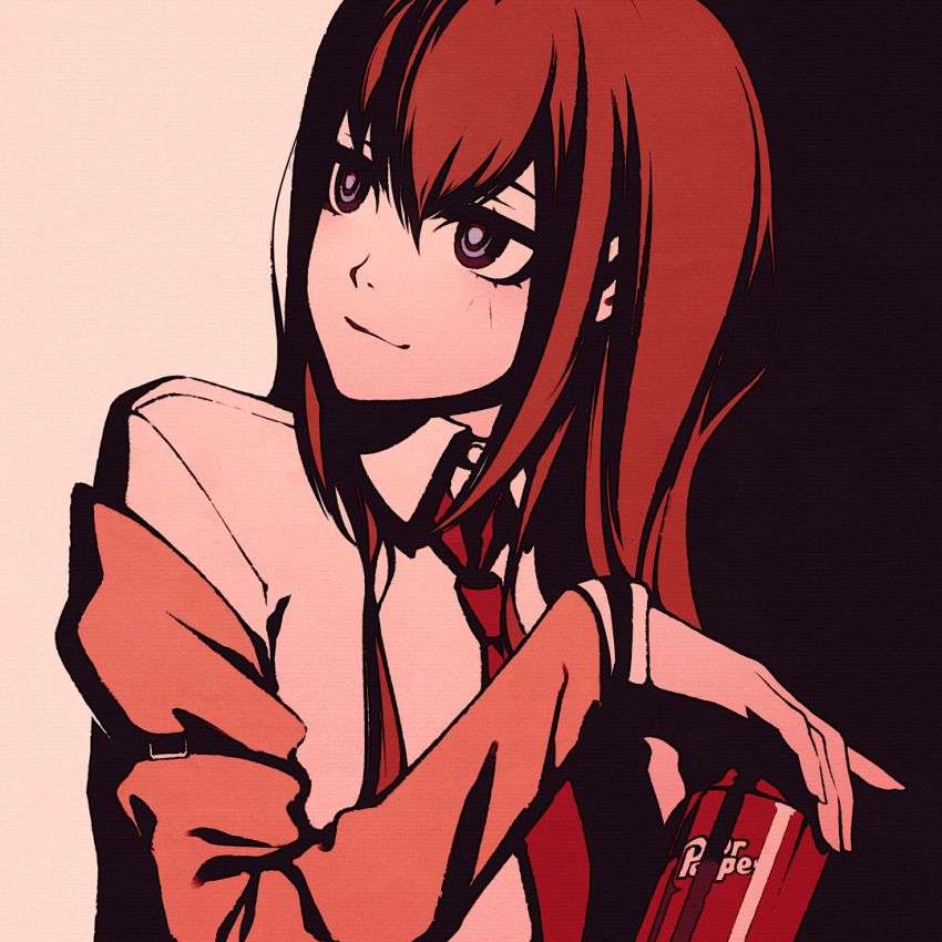 1girl bangs black_background blue_eyes brown_jacket can closed_mouth commentary dr_pepper dress_shirt drink hair_between_eyes high_contrast holding holding_can holding_drink jacket light_blush light_smile long_hair looking_away looking_up makise_kurisu moshimoshibe necktie off-shoulder_jacket off_shoulder red_neckwear redhead romaji_commentary shirt soda soda_can solo steins;gate texture turning_head upper_body white_background white_shirt