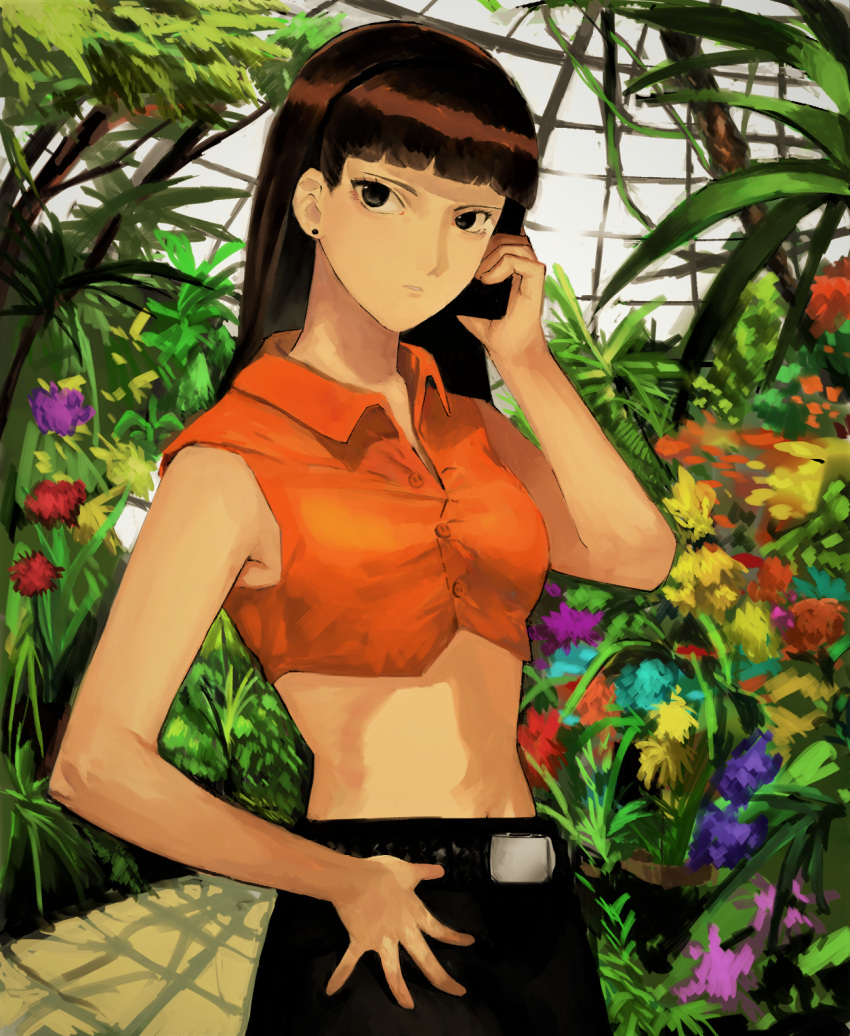 1girl bangs belt_buckle black_eyes blunt_bangs breasts brown_hair buckle cellphone closed_mouth crop_top earrings flower garden greenhouse hand_on_hip highres jewelry long_hair looking_at_viewer navel phone plant serial_experiments_lain smartphone solo yamamoto_reika yurushiaru