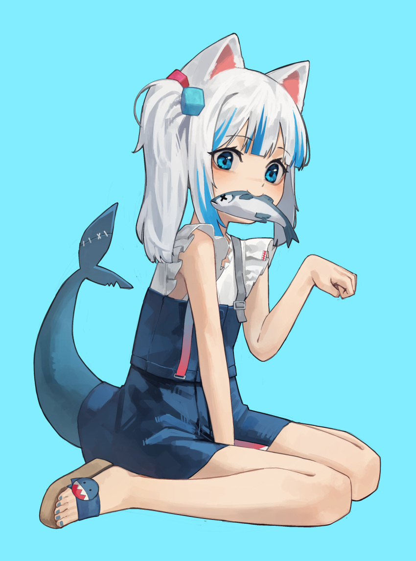 1girl absurdres animal_ears bangs between_legs blue_background blue_dress blue_eyes blue_hair blue_nails blunt_bangs cat_ears closed_mouth commentary_request dress eyebrows_visible_through_hair fish fish_tail flip-flops frilled_sleeves frills from_side full_body gawr_gura hair_cubes hair_ornament hand_between_legs hand_up highres hololive hololive_english looking_at_viewer mouth_hold multicolored_hair multiple_sources paw_pose sandals shark_tail side_ponytail sidelocks simple_background sitting sleeveless sleeveless_dress smile solo stitches streaked_hair suspenders suspenders_slip tail virtual_youtuber wariza white_hair yoon_cook