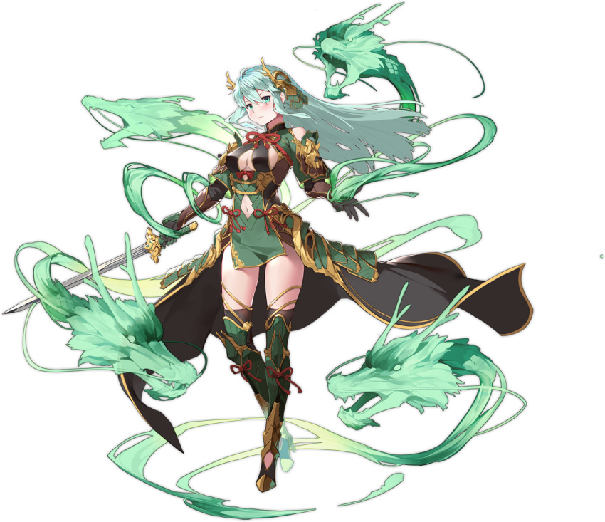 1girl aqua_eyes aqua_hair ark_order artist_request azure_dragon_(ark_order) bangs black_cape black_gloves black_legwear boots bow breasts cape clothing_cutout dragon dress expressionless full_body gloves green_dress green_footwear highres holding holding_sword holding_weapon horns large_breasts long_hair long_sleeves looking_at_viewer navel navel_cutout official_art red_bow red_ribbon ribbon shoulder_cutout sidelocks solo sword tachi-e thigh-highs thigh_boots transparent_background very_long_hair waist_cape weapon wind