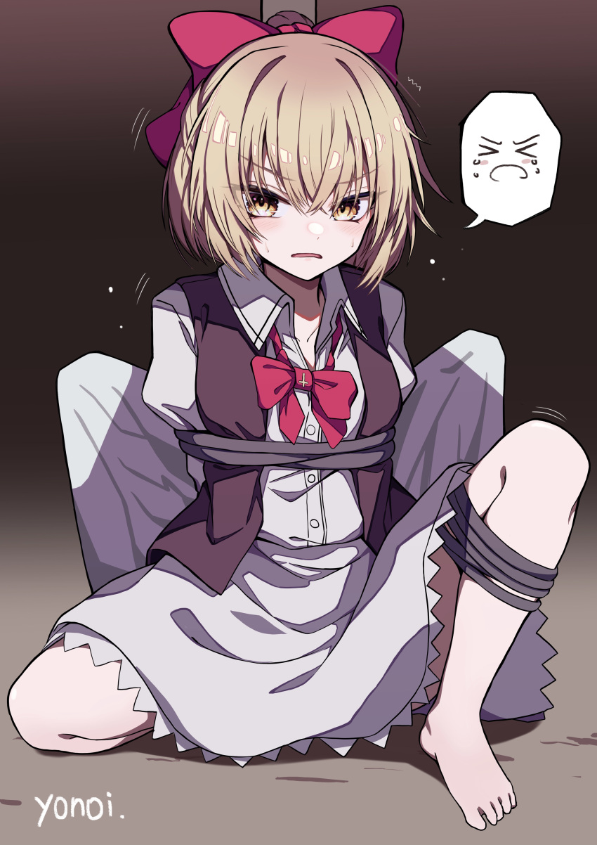 1girl absurdres artist_name barefoot blonde_hair blush bow brown_vest buttons commission dress eyebrows_visible_through_hair gengetsu_(touhou) hair_between_eyes hair_bow highres long_sleeves open_mouth red_bow restrained shirt short_hair signature skeb_commission solo spoken_expression touhou touhou_(pc-98) vest white_dress white_shirt yellow_eyes yonoisan