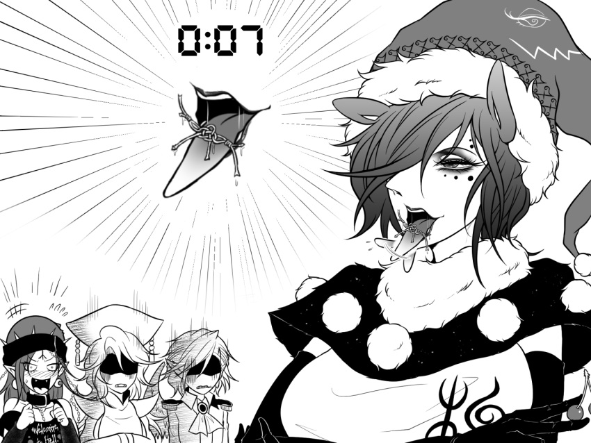 +++ 4girls angel_wings animal_ears arm_warmers breasts cherry clothes_writing collarbone doremy_sweet earrings elbow_gloves emphasis_lines eyebrows_visible_through_hair fangs food fruit gloom_(expression) gloves greyscale hair_between_eyes hair_over_one_eye hands_in_opposite_sleeves hecatia_lapislazuli jewelry junko_(touhou) kishin_sagume large_breasts legacy_of_lunatic_kingdom long_hair monochrome multiple_girls off-shoulder_shirt off_shoulder open_mouth phoenix_crown pointy_ears polos_crown pom_pom_(clothes) ryuuichi_(f_dragon) shaded_face shirt short_hair simple_background single_wing symbol-only_commentary tail tapir_ears tapir_tail tassel timestamp tongue tongue_out touhou white_background wings
