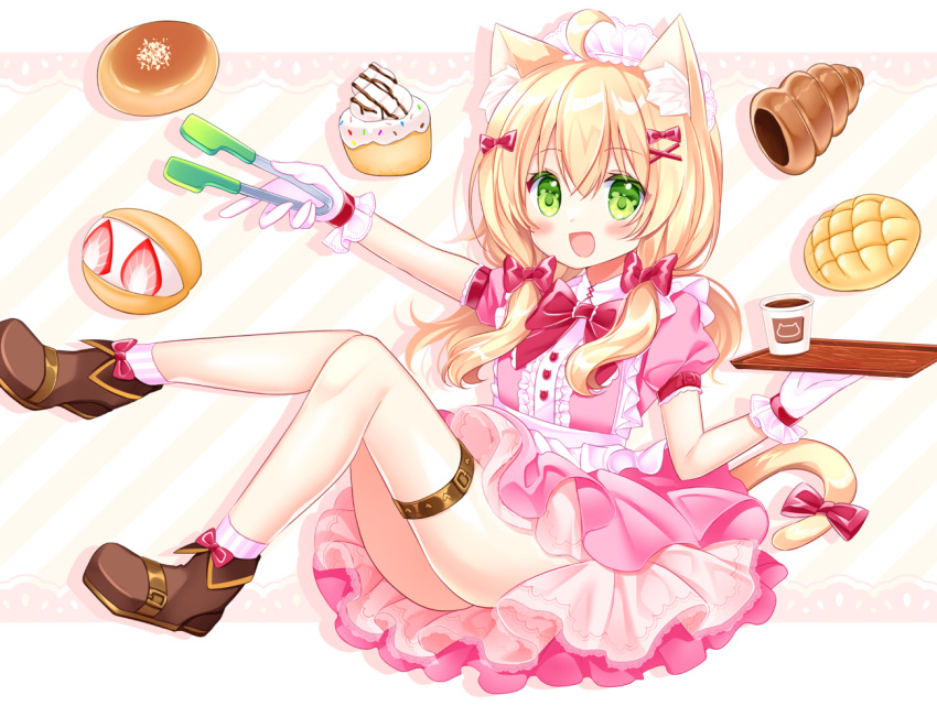 1girl :d ahoge animal_ear_fluff animal_ears bangs blonde_hair blush boots bow bread brown_footwear cat_ears cat_girl cat_tail chocolate_cornet coffee_cup commentary_request cup cupcake diagonal_stripes disposable_cup dress eyebrows_visible_through_hair food fruit gloves green_eyes hair_between_eyes hair_bow hair_ornament hairclip holding holding_tray long_hair looking_at_viewer open_mouth original pink_dress pleated_dress puffy_short_sleeves puffy_sleeves red_bow shikito short_sleeves smile socks solo strawberry striped striped_background striped_legwear tail tail_bow tail_ornament tongs tray vertical-striped_legwear vertical_stripes white_gloves white_legwear x_hair_ornament