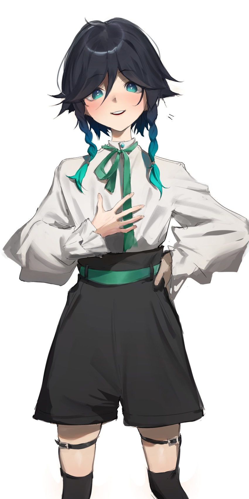 1boy :d absurdres bangs black_hair black_legwear black_shorts braid eyebrows_visible_through_hair feet_out_of_frame genshin_impact green_belt green_eyes green_ribbon hair_between_eyes hand_on_hip highres kyandii long_sleeves looking_at_viewer male_focus neck_ribbon open_mouth ribbon shiny shiny_skin shirt shorts side_braid simple_background smile solo twin_braids upper_teeth venti_(genshin_impact) white_background white_shirt