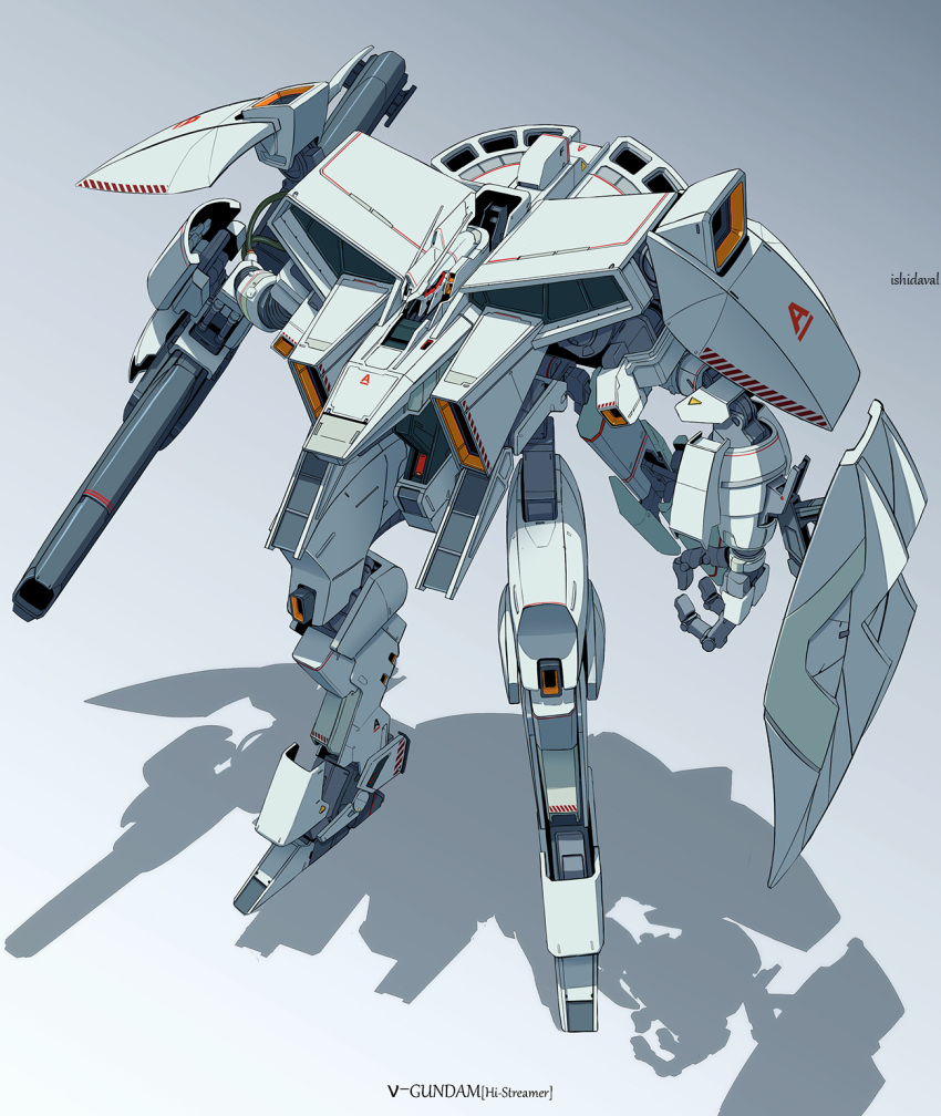 char's_counterattack character_name from_above gun gundam gundam_high_streamer highres holding holding_gun holding_weapon ishida_baru mecha mobile_suit no_humans nu_gundam open_hand redesign science_fiction shadow solo visor weapon