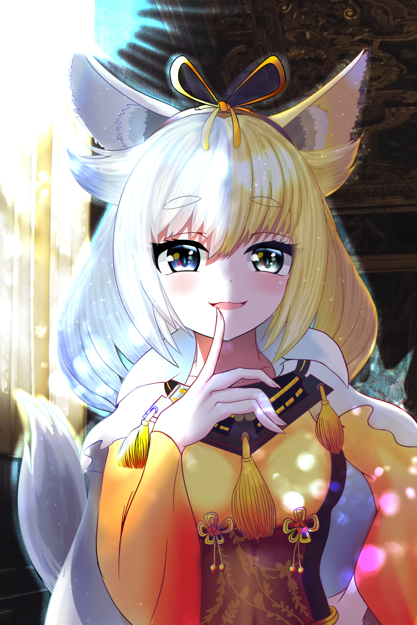 1girl absurdres animal_ears bangs blonde_hair blush breasts commentary_request eyebrows_visible_through_hair finger_to_mouth fukkurinko goou_yoshimitsu hair_flaps hairband highres indoors long_fingers long_hair looking_at_viewer multicolored_hair open_mouth silver_hair smile solo tagme tail tenka_hyakken thick_eyebrows wide_sleeves