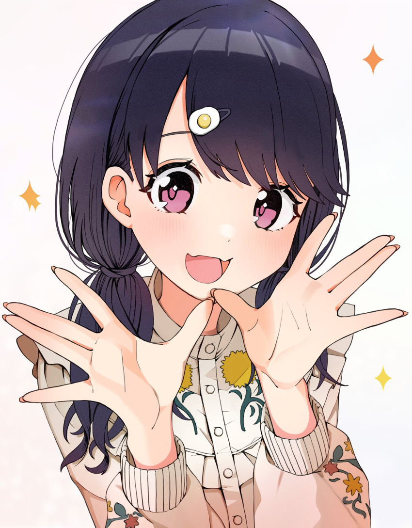 1girl bangs black_hair commentary_request fangs film_grain fukumaru_koito hair_ornament hairclip highres idolmaster idolmaster_shiny_colors long_hair long_sleeves looking_at_viewer low_twintails open_hand open_mouth shirt skin_fangs solo swept_bangs twintails upper_body violet_eyes white_shirt yuki_kamakura