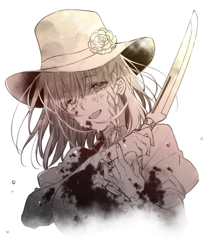 1girl blood blood_on_clothes blood_on_face braid breasts charlotte_corday_(fate) crying crying_with_eyes_open fate/grand_order fate_(series) hat highres holding holding_knife knife large_breasts monochrome ran_(ran_0605) tears white_background