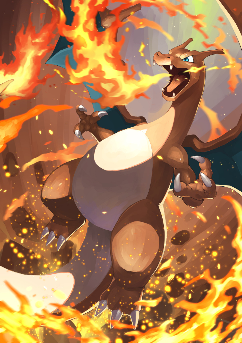 blurry breathing_fire charizard claws commentary_request fire green_eyes highres no_humans open_mouth pokemon pokemon_(creature) solo tesshii_(riza4828) tongue