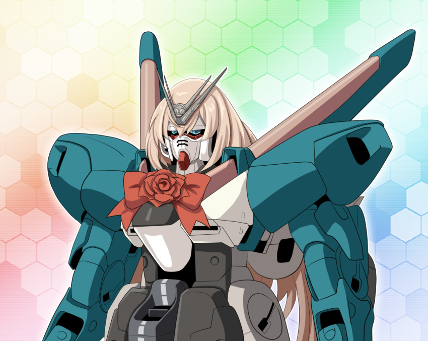 1girl bangs blonde_hair gradient gradient_background gundam hexagon kantai_collection long_hair mecha mechanization parody pun rainbow_background solo tk8d32 upper_body v2_gundam victorious_(kancolle) victory_gundam