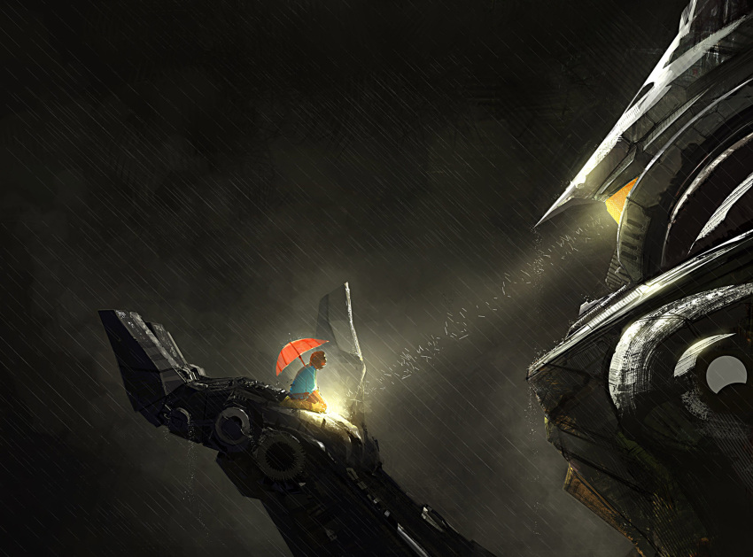 1girl child commentary emmanuel_shiu highres kneeling light mako_mori mecha night pacific_rim rain realistic searchlight spoilers tacit_ronin umbrella yellow_eyes