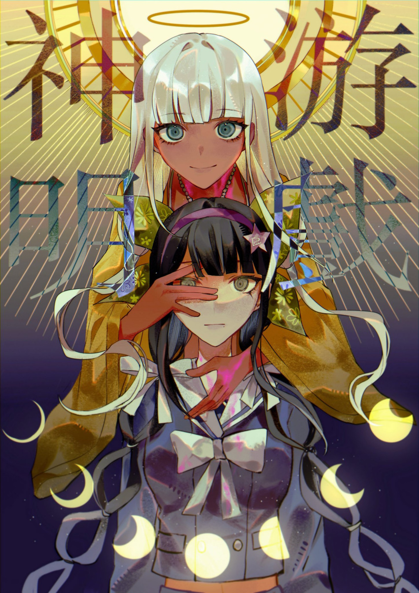 2girls bangs black_hair blood blunt_bangs bow chabashira_tenko chu_dong danganronpa_(series) danganronpa_v3:_killing_harmony dark-skinned_female dark_skin eyebrows_visible_through_hair ganguro gradient gradient_background green_bow grey_bow hair_bow hair_ornament hair_ribbon halo hand_on_another's_face highres jacket jewelry long_hair long_sleeves looking_at_viewer low_twintails midriff mole mole_under_mouth multiple_girls necklace orange_jacket pink_blood ribbon sailor_collar school_uniform shiny shiny_hair silver_hair smile star_(symbol) star_hair_ornament symbol-only_commentary translation_request twintails upper_body white_ribbon yonaga_angie
