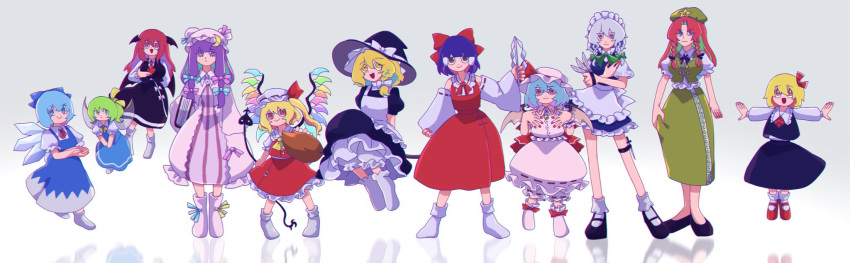 6+girls apron ascot bat_wings blonde_hair blue_dress blue_eyes blue_hair bow braid broom broom_riding cirno commentary_request daiyousei detached_sleeves dress embodiment_of_scarlet_devil eyebrows_visible_through_hair fairy_wings flandre_scarlet gohei green_hair grey_background hair_between_eyes hair_bow hair_ribbon hair_tubes hakurei_reimu hat head_wings highres holding holding_knife hong_meiling ice ice_wings iganashi1 izayoi_sakuya kirisame_marisa knife knives_between_fingers koakuma laevatein_(touhou) long_hair long_sleeves maid maid_apron maid_headdress mob_cap multiple_girls nontraditional_miko open_mouth patchouli_knowledge pinafore_dress pose puffy_short_sleeves puffy_sleeves purple_hair red_eyes red_skirt red_vest redhead reflection remilia_scarlet ribbon rumia short_hair short_sleeves simple_background skirt smile t-pose touhou vest violet_eyes wings yellow_neckwear