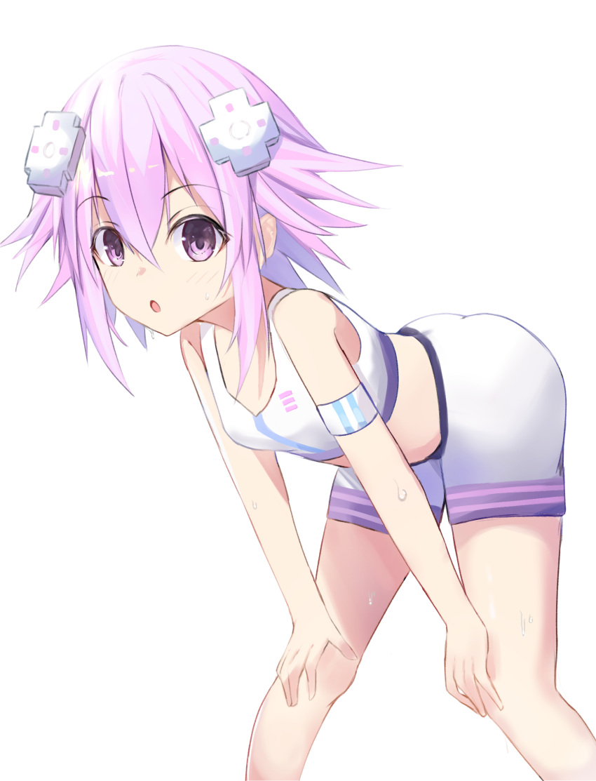 1girl :o absurdres adapted_costume alternate_costume ass bare_legs bare_shoulders bent_over bimmy blush crop_top d-pad d-pad_hair_ornament hair_between_eyes hair_ornament hands_on_own_knees highres looking_at_viewer medium_hair midriff neptune_(neptune_series) neptune_(series) purple_hair shorts solo sportswear standing tank_top violet_eyes white_shorts white_tank_top