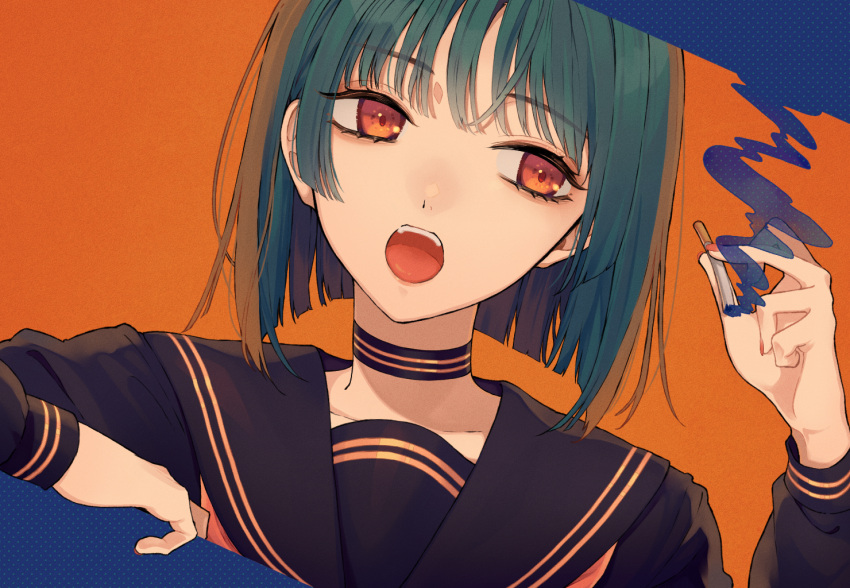 1girl bangs black_sailor_collar black_serafuku blunt_bangs bob_cut chisumi cigarette green_hair head_tilt holding holding_cigarette medium_hair neckerchief open_mouth orange_background orange_eyes orange_neckwear original sailor_collar school_uniform serafuku smoke smoking solo